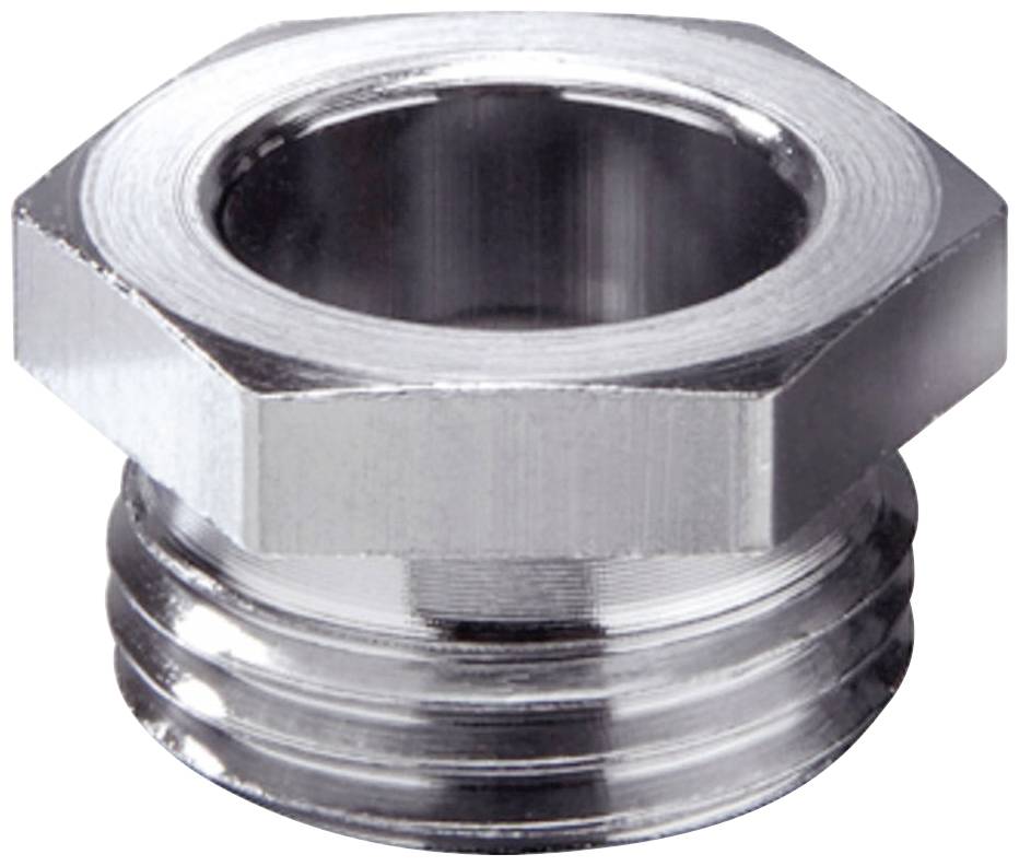 A hexagonal metal screw stopper with a smooth, round top and threading on the underside.