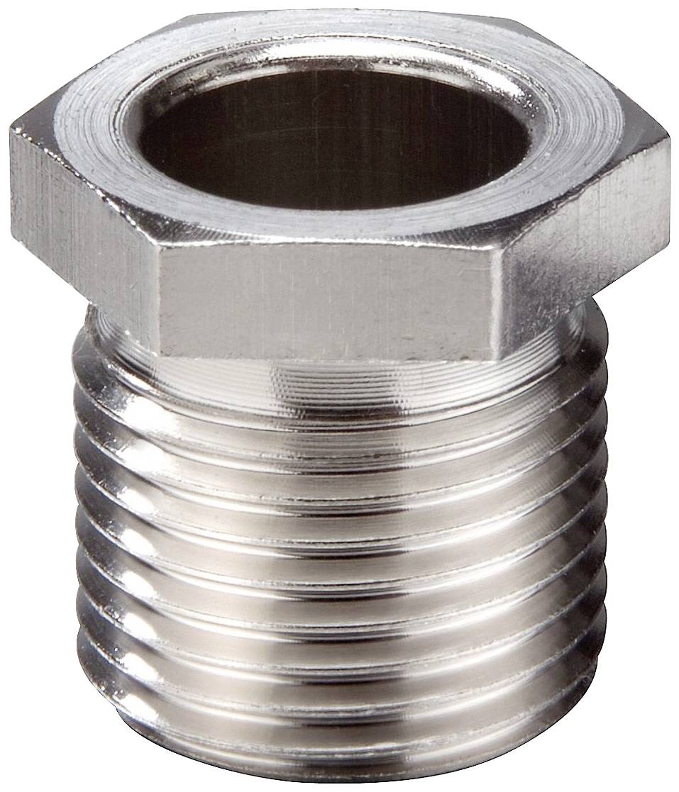 A silver, metallic hexagonal plug with a ribbed texture. Suitable for connecting pipe systems or similar applications.