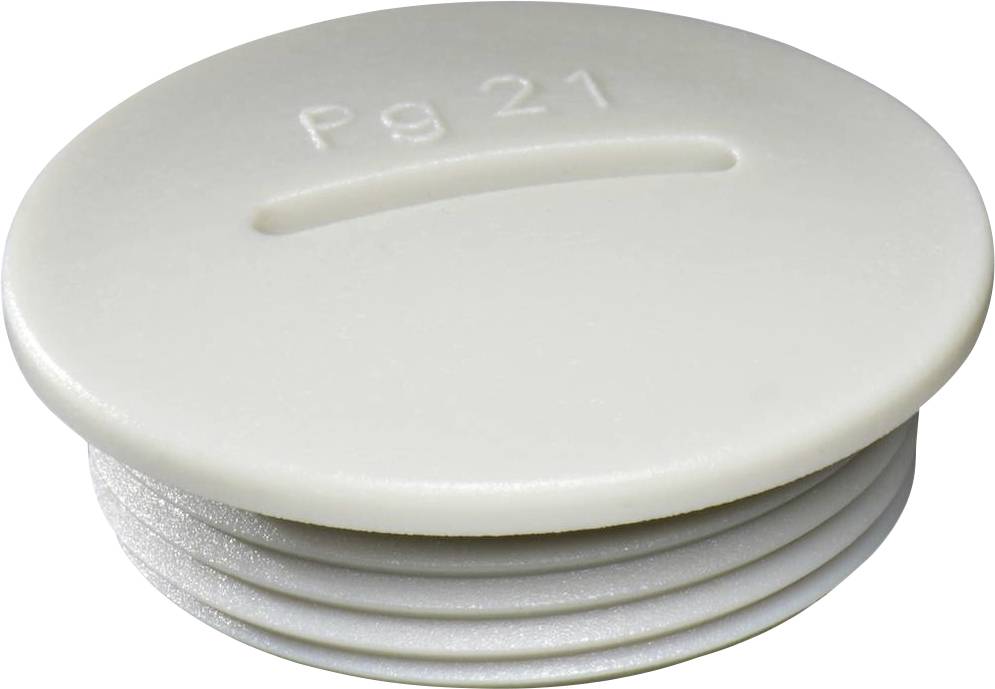 Round white stopper with 'Pg 21' inscription, used for sealing openings in housings.