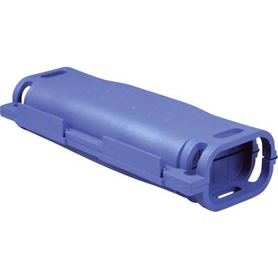 A blue, rectangular plastic casing with rounded corners and openings on the sides, possibly part of a larger device.