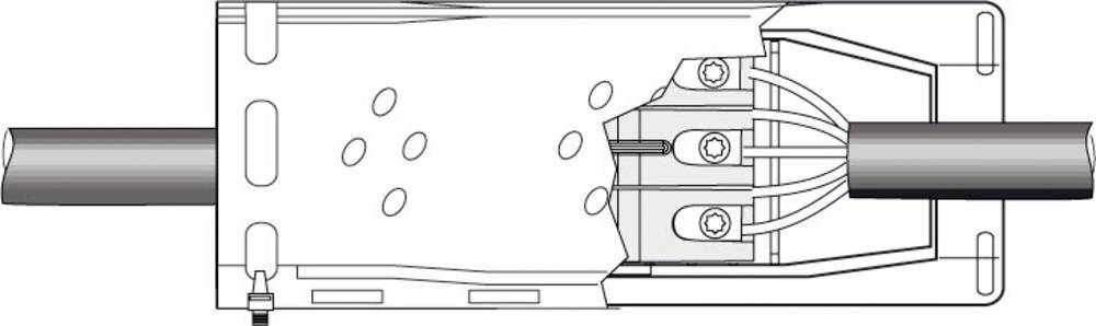 Technical drawing of a cable connector showing a cable with metal contacts and protective cover. Parts of the housing are depicted as transparent.