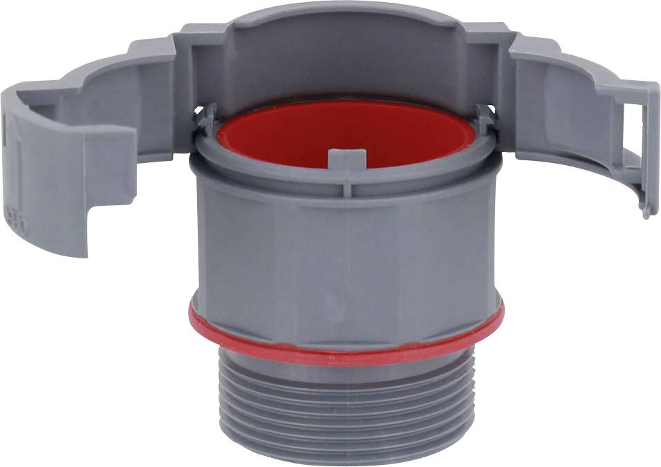 Grey plastic component with a red inner ring and two side clips for fastening, likely a connecting element for pipes.