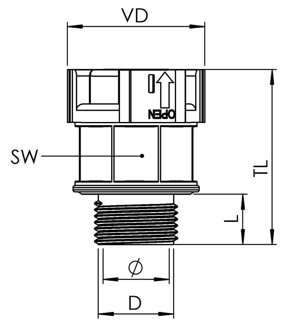 Technical drawing of a threaded component with an arrow indicating 'Open'. Labels: VD, SW, TL, L, Diameter D. Profile view.