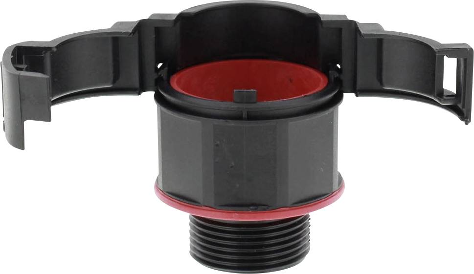 Plastic screw adapter with red seal and black cover. Used for sealing purposes in hydraulic applications.