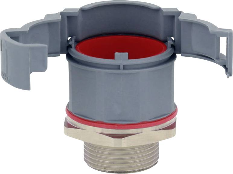 Grey and red plastic pipe section with metal threading at the bottom, suitable for industrial piping systems.