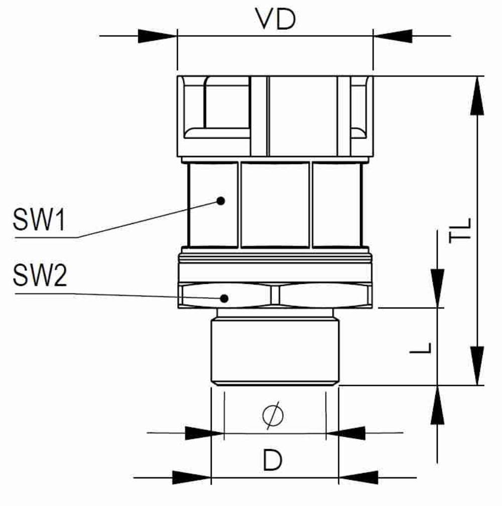 Technical drawing of a component with dimensions VD, TL, L and D, along with markers SW1 and SW2 for part identification.