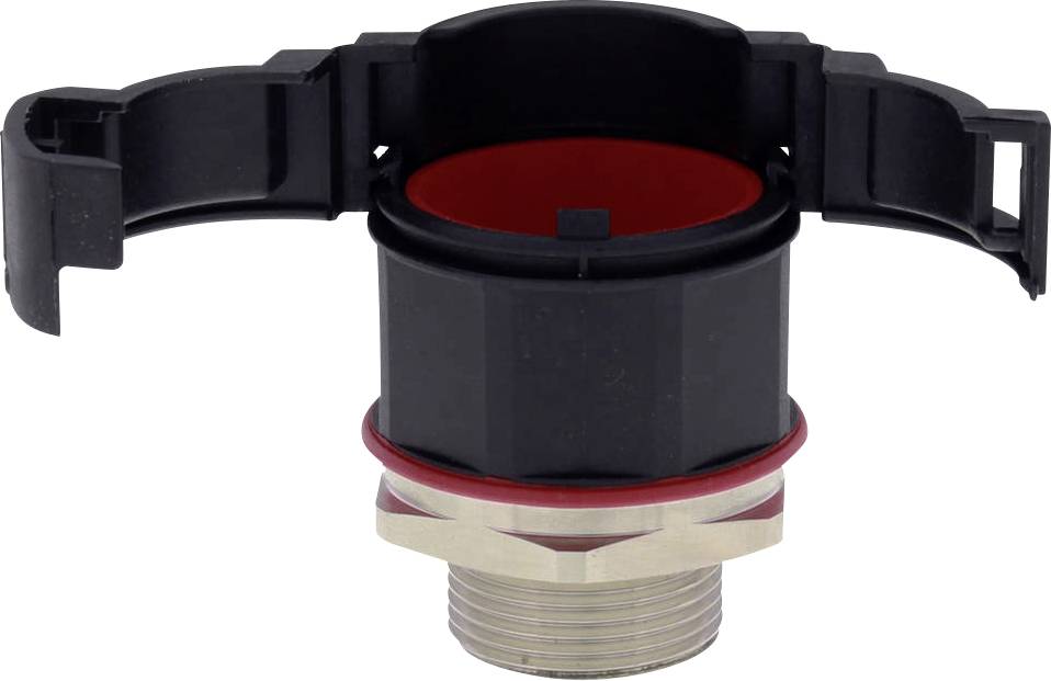 A black plastic cap with an open flap, red sealing ring, and threaded connection. Used for pipe connections.