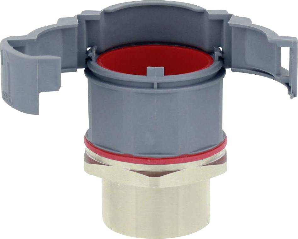 Grey plastic connection with red inner ring and two side-hinged locks. Suitable for pipe connections or installations.
