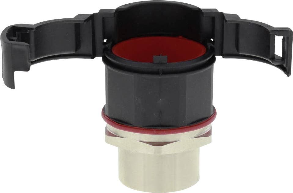 A black plastic component with a red inner ring and metallic connection, likely an adapter or connecting element.