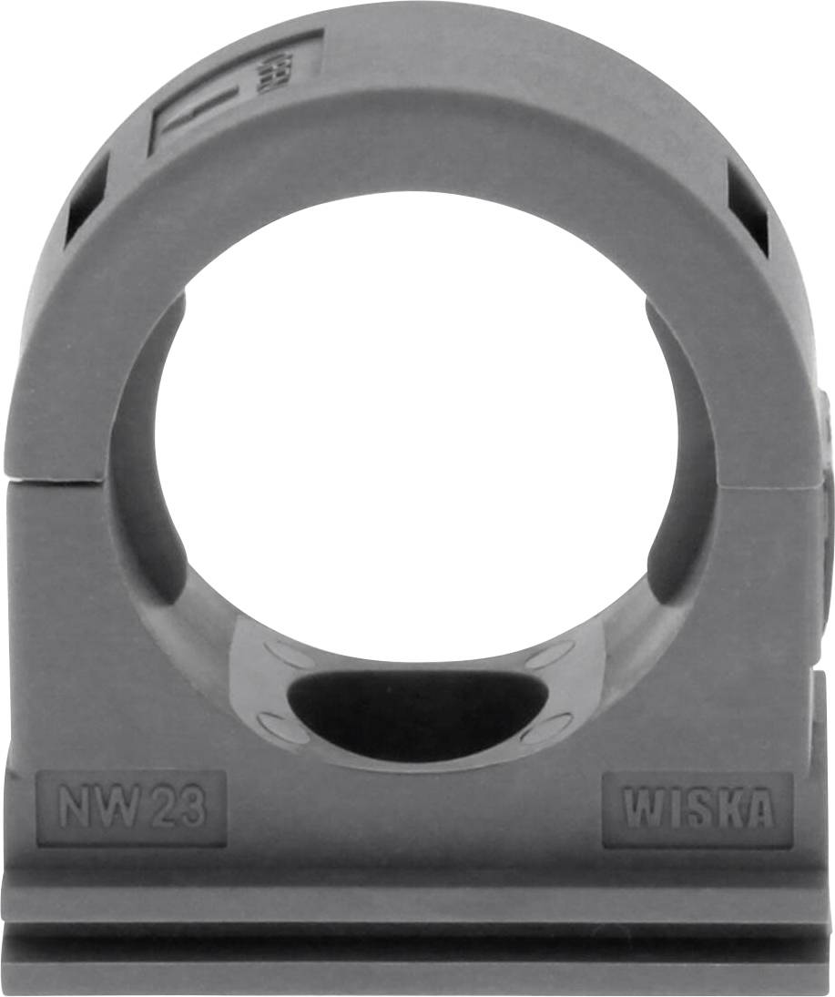 Grey plastic cable clip with a round hole, marked with 'NW23' and 'Wiska', used for securely fastening cables.
