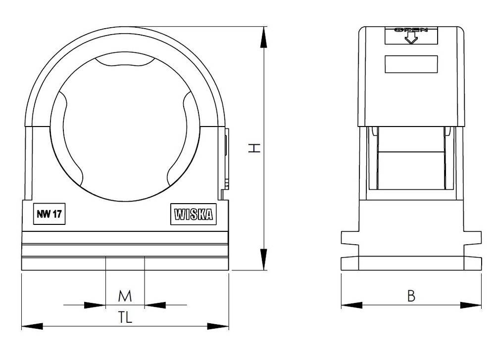 Technical drawing of a cable gland. Left: Top view with dimensions 'M', 'TL', and height 'H'. Right: Side view with width 'B'.