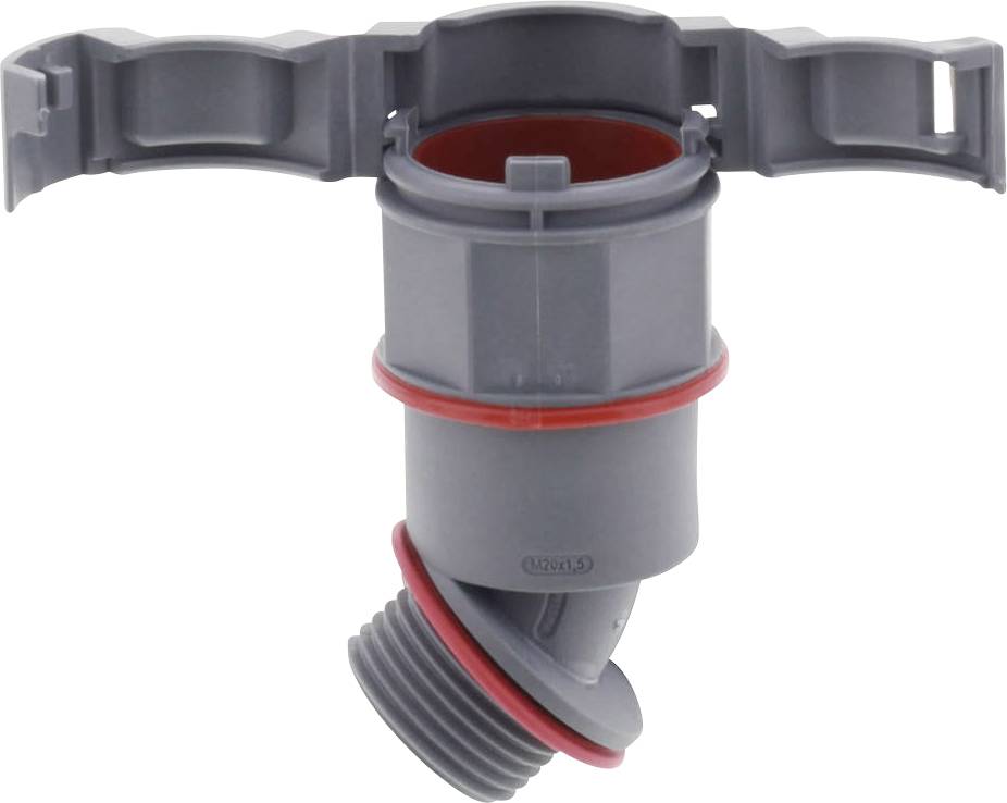 'Front view of a grey plastic valve with a red sealing ring, vertical and lateral connections.'