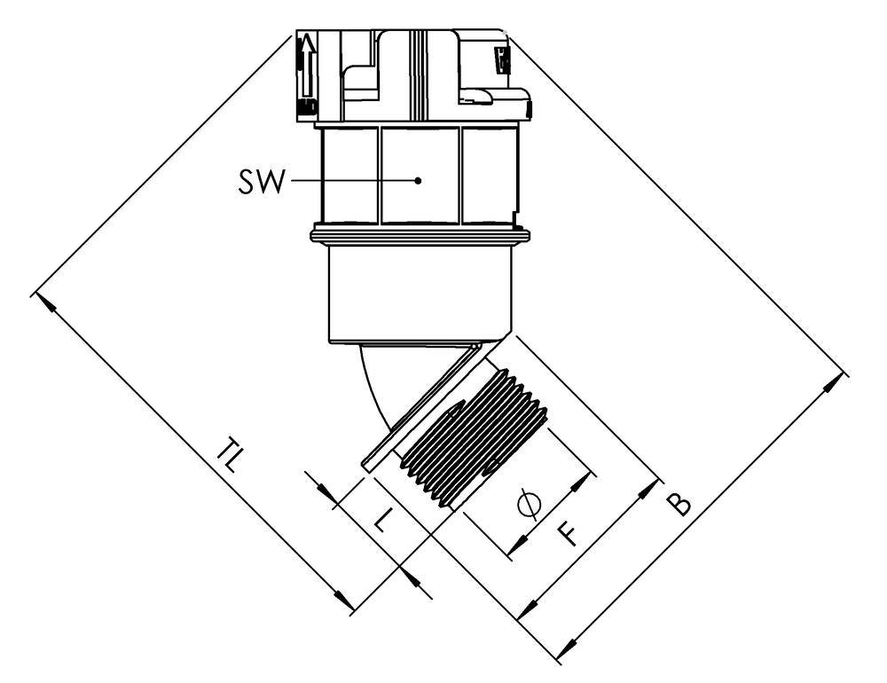 Technical drawing of an angled pipe with dimensions and angle specifications. Labelled with 'SW', 'TL', 'L', 'F' and 'B'.