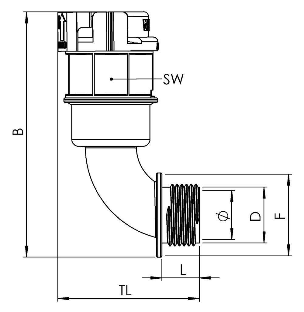 Technical drawing of a pipe fitting: Dimensions 'B', 'TL', 'L', 'F', 'D', and 'SW' are specified. Side view with bend.