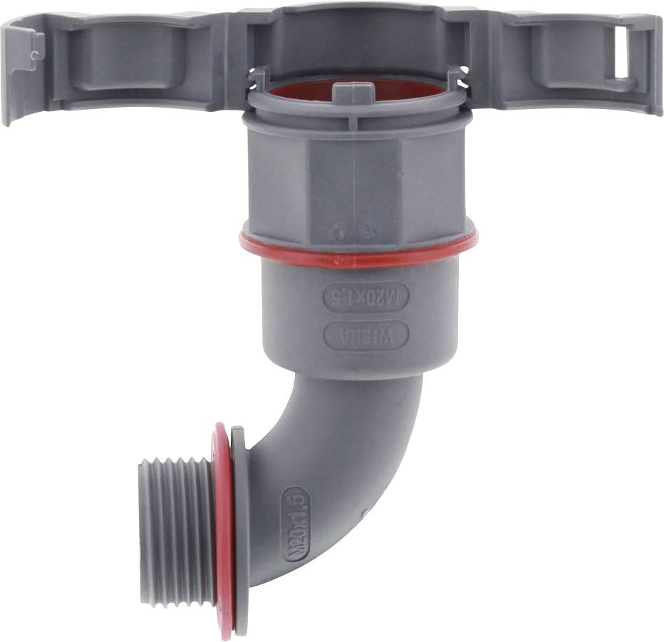 Grey plastic pipe with pipe connectors, bent into an L-shape, suitable for water installations. Sealing rings are located at the ends.