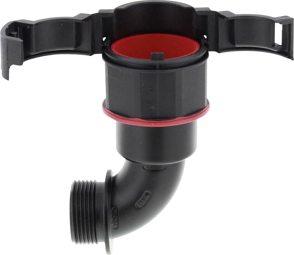 A black plastic pipe with a red sealing ring and a curved fitting, suitable for water piping systems.