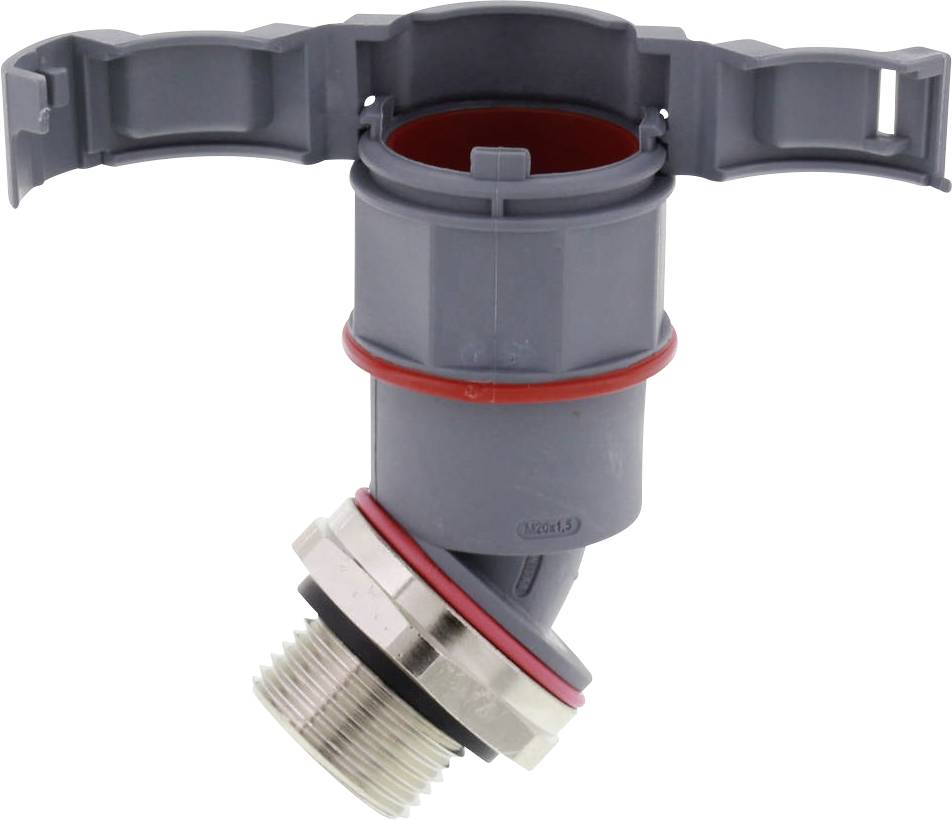 Grey plastic valve with metallic threading and red seals; used in plumbing or irrigation systems.