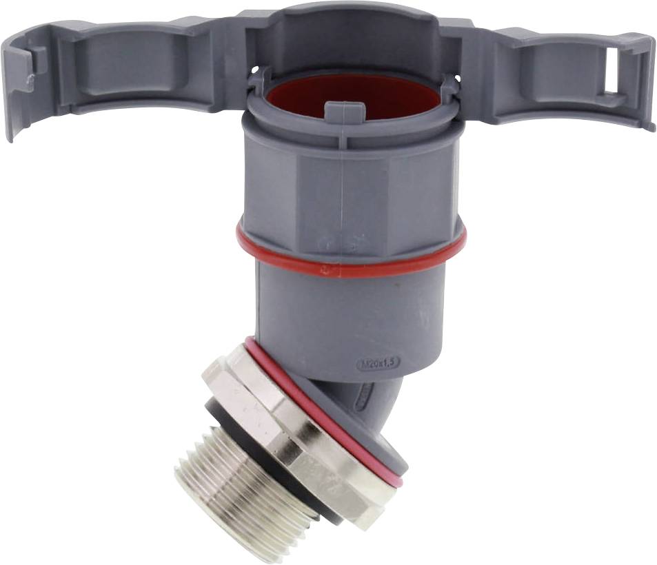 A grey right-angled tap with a red sealing ring and metal threaded connection. Used for garden irrigation systems.