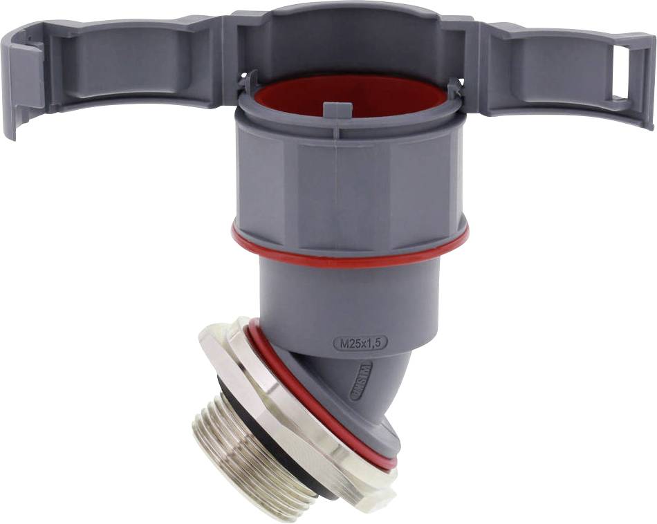 Grey plastic valve with red seals and metal threading, partially open; suitable for industrial applications.