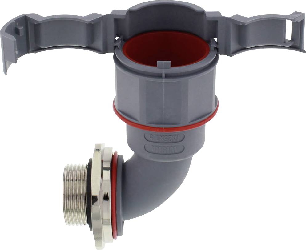 Grey plastic pipe with curved shape, red sealing ring, and metal connection. Suitable for plumbing installations.