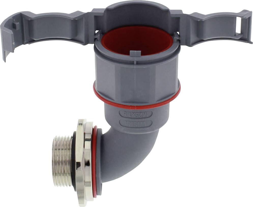 'Grey-red siphon component with mountable clip, side view. Suitable for plumbing installations with threaded connection.'