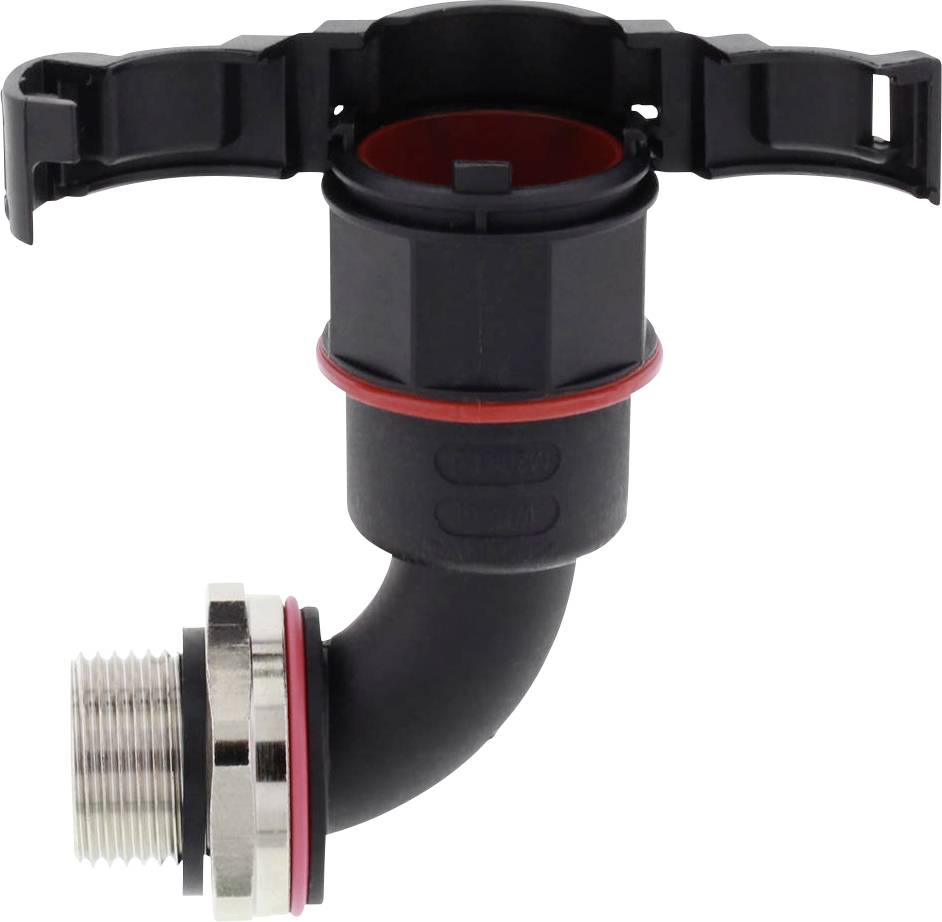 Ready-to-use plastic angle connector with seals and metal threading, suitable for pipe connections.