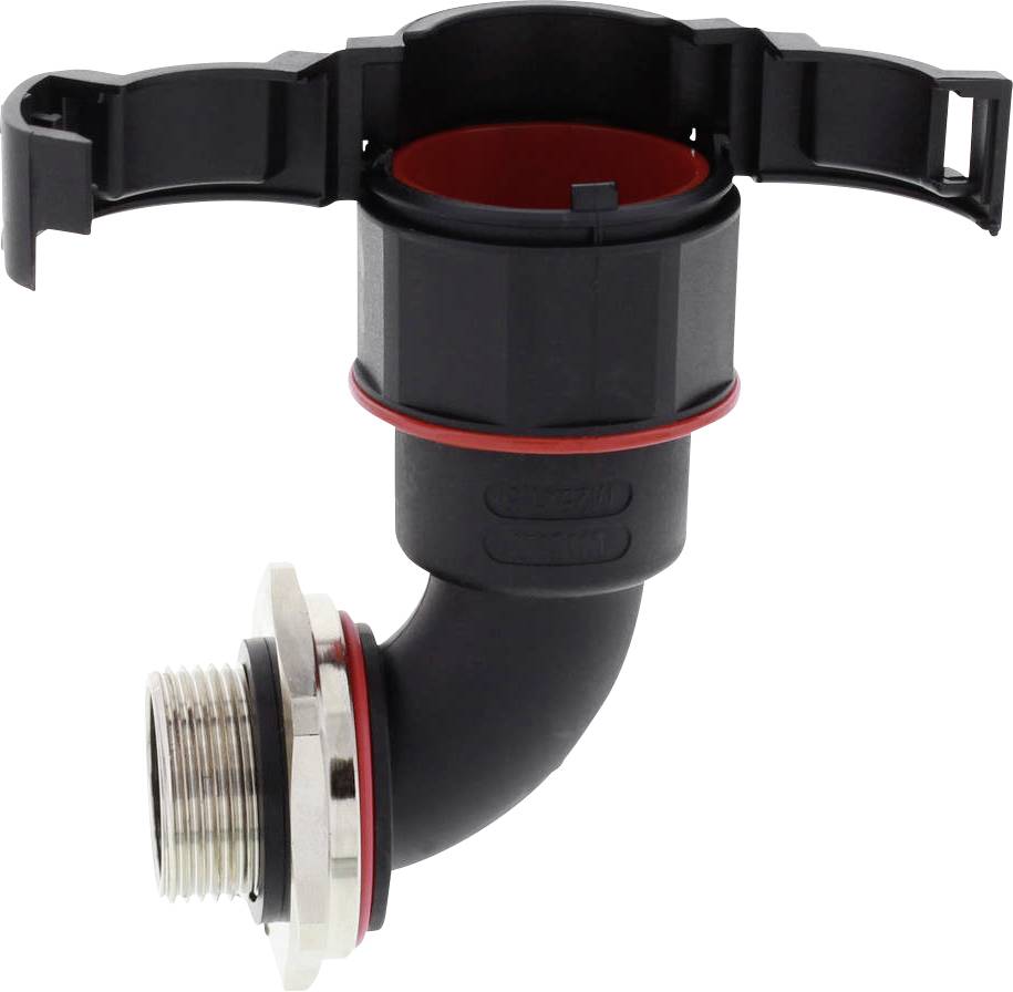Black plastic connector with red inner rim, 90-degree angle, metallic threaded ring, suitable for pipe systems.
