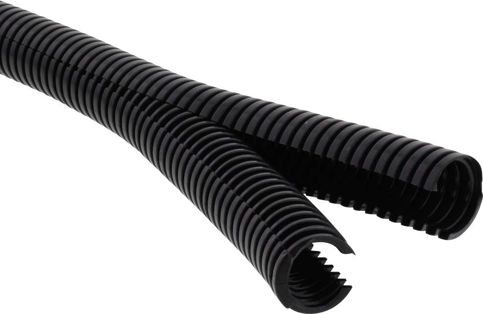 Black corrugated plastic conduit with an open end; commonly used for cable organisation and routing.