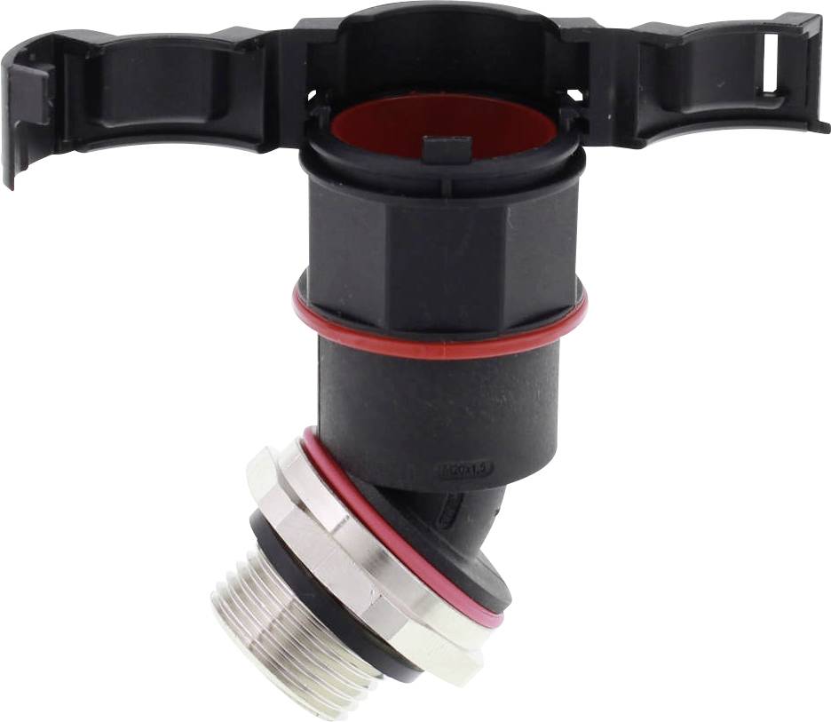 A black plastic valve with a red sealing ring and metal threading, suitable for connection in a hydraulic system.