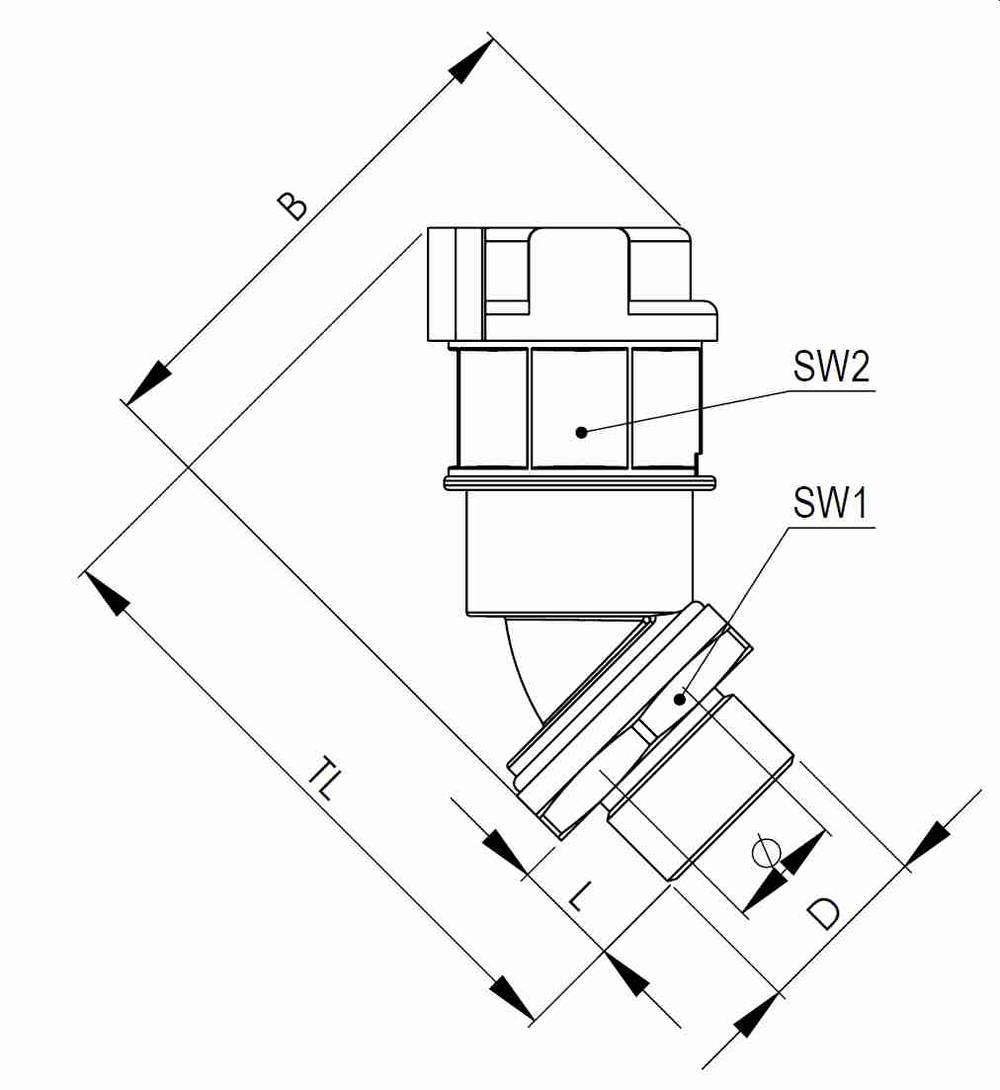 Technical drawing of a valve with marked dimensions B, TL, L, D. Labels SW1 and SW2 indicate spanner sizes.