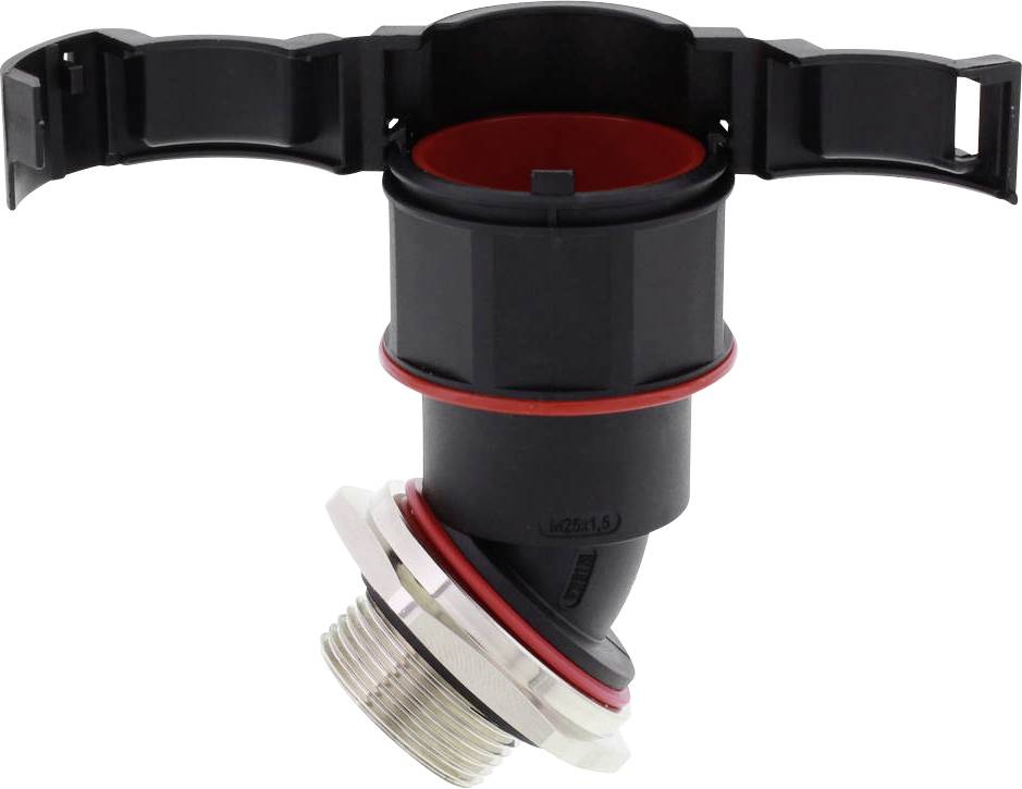 A black pipe connector with a red inner ring, metal threading, and two black mounting wings for secure installation.