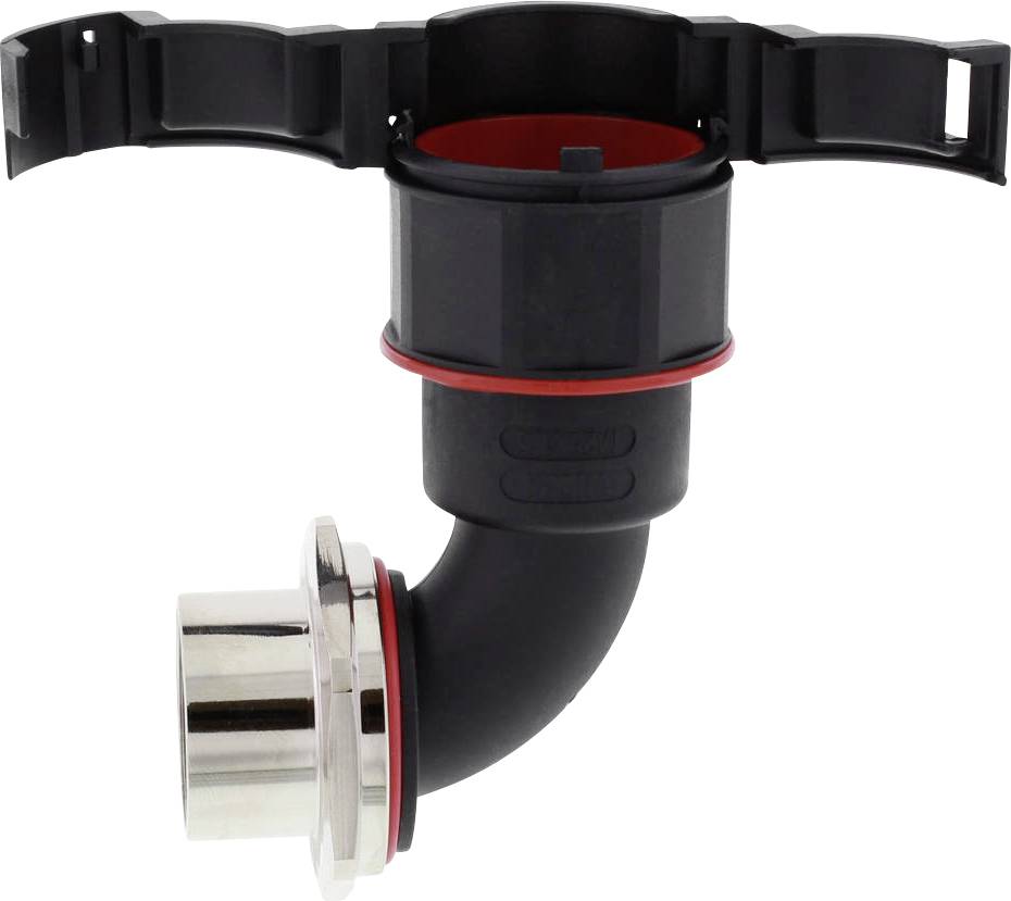 Black pipe connection with metal flange and red sealing ring. Used in sanitary systems for sealing and joining.