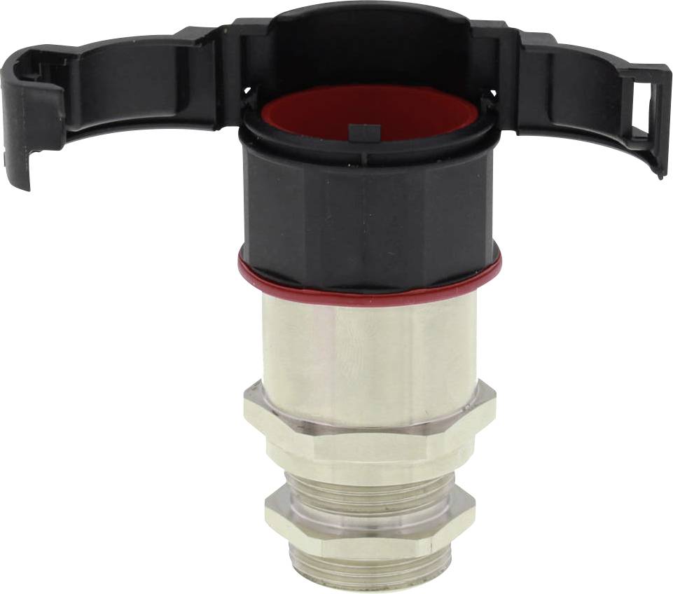 Metallic cable gland with rotatable plastic locking mechanism, ideal for secure cable attachment in electrical systems.