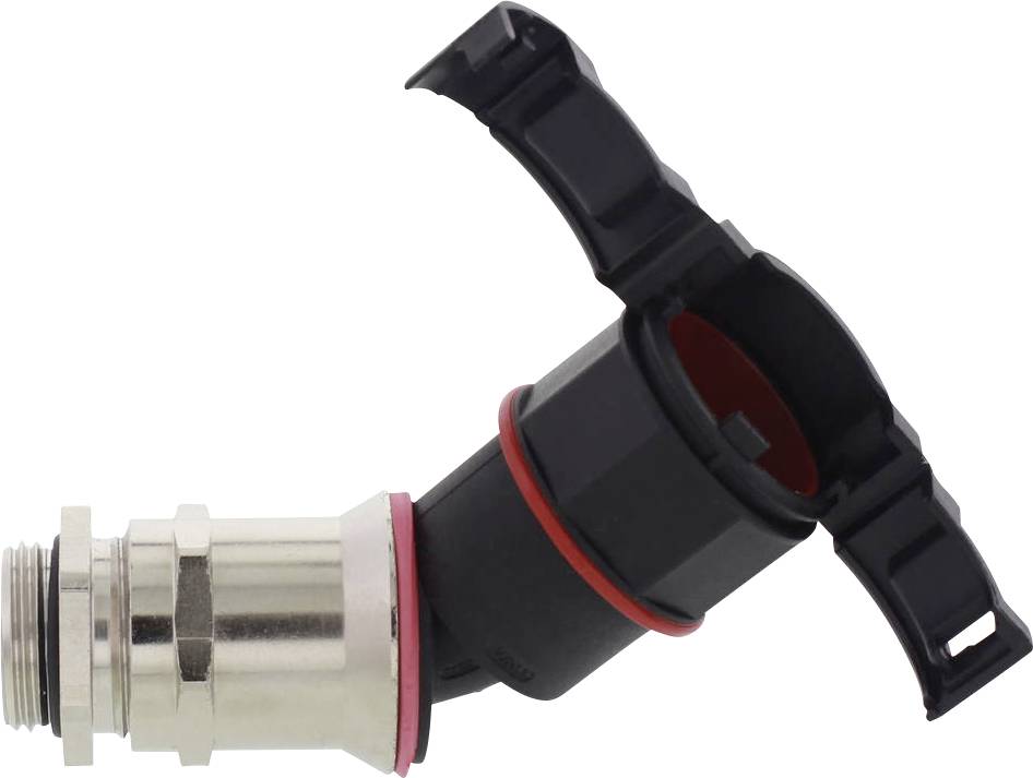 Metal connecting piece with a black plastic cap and red sealing ring, possibly a technical component for pipes.