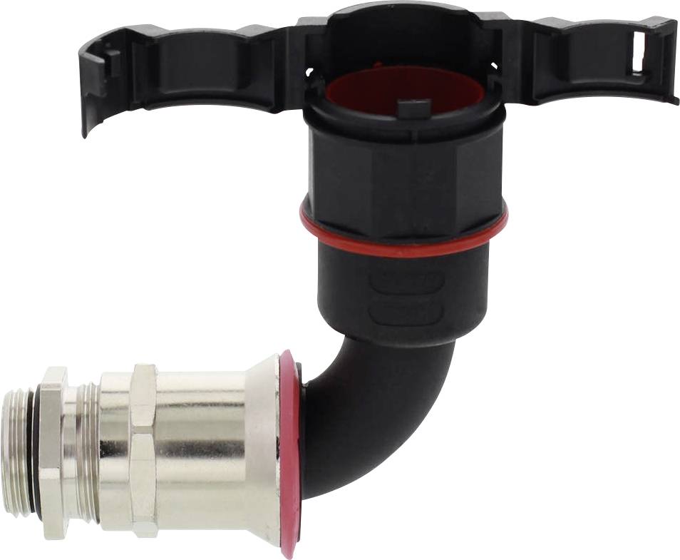 An angled pipe connector with a metal thread and plastic clip, suitable for pipe installations.