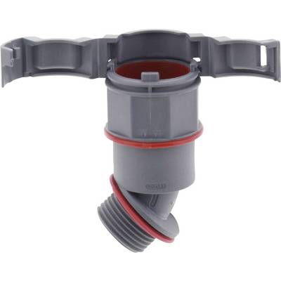 Grey pipe adapter with red rings and side threading, against a white background. Primary purpose: flexible connection.