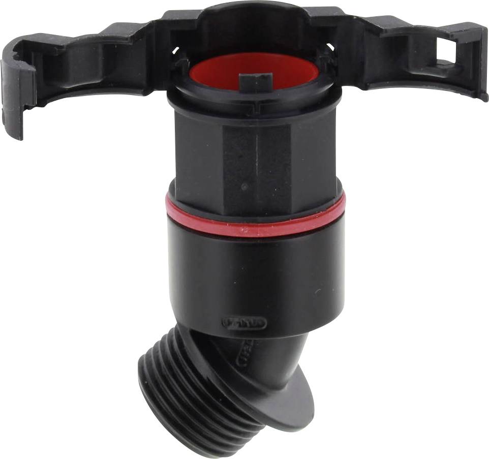 A black plastic connector with a red seal and threading, likely intended for irrigation purposes.