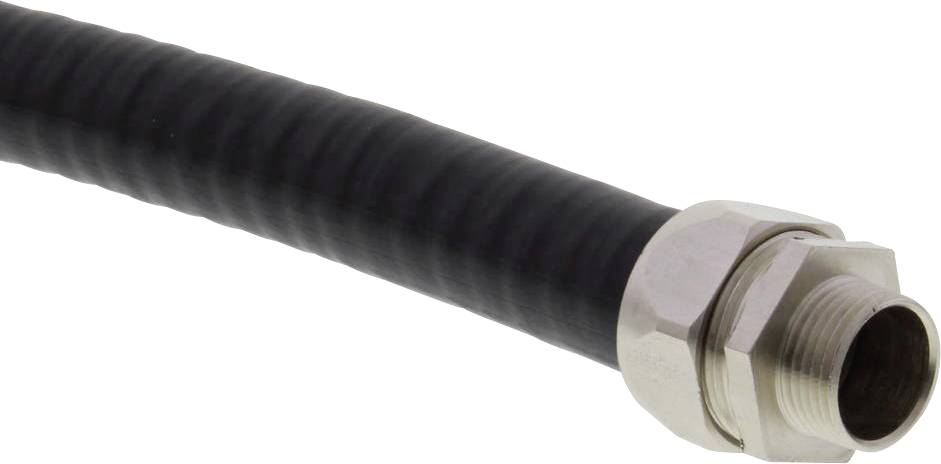 Black, flexible cable protection sleeve with silver metal connector, designed to protect cables from damage.
