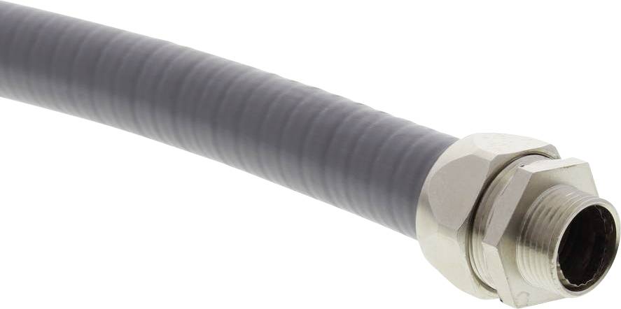 A flexible metal corrugated hose with a silver connection at the end, suitable for liquid or gas pipelines.
