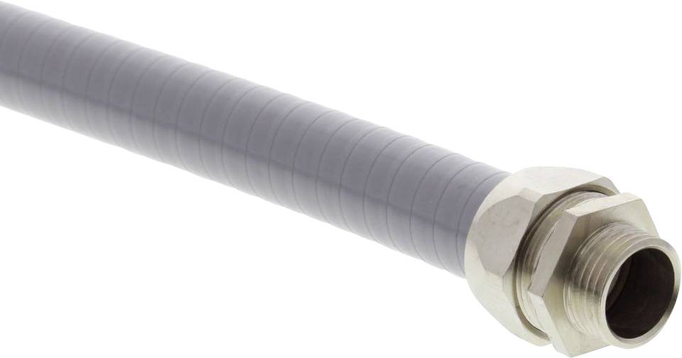 Flexible grey plastic pipe with metal connection, suitable for installation in electrical or hydraulic systems.