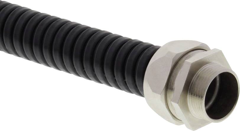 Flexible, black ribbed conduit with a metallic threaded end. Used for securely routing cables in installations.