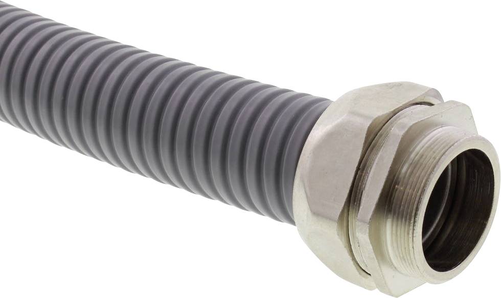 A grey, ribbed hose with a silver metal connector.