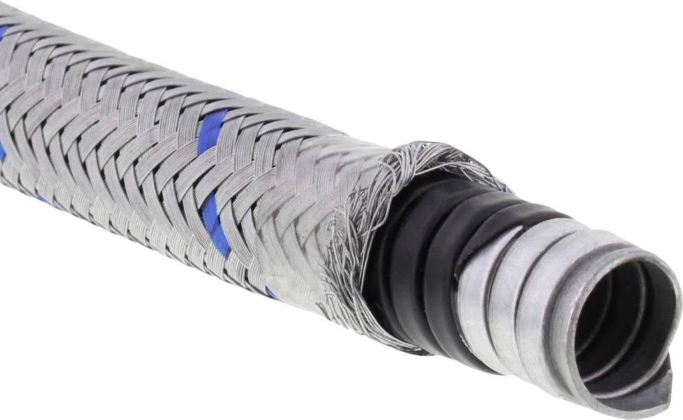 A flexible metal hose with a braided outer sleeve and visible black and blue accents, part of a technical system.