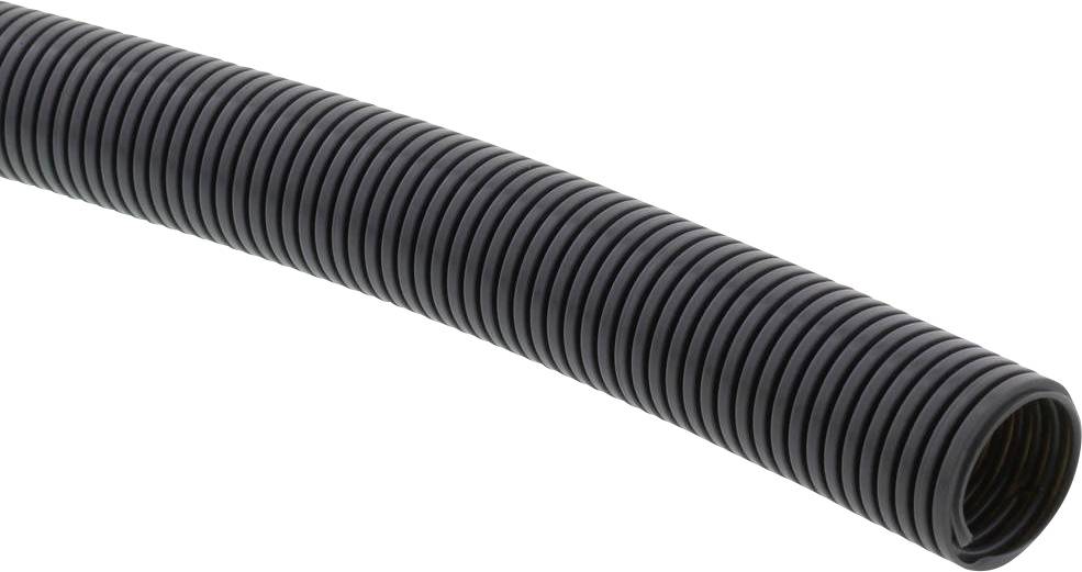 A black, wavy plastic hose in a curved shape.