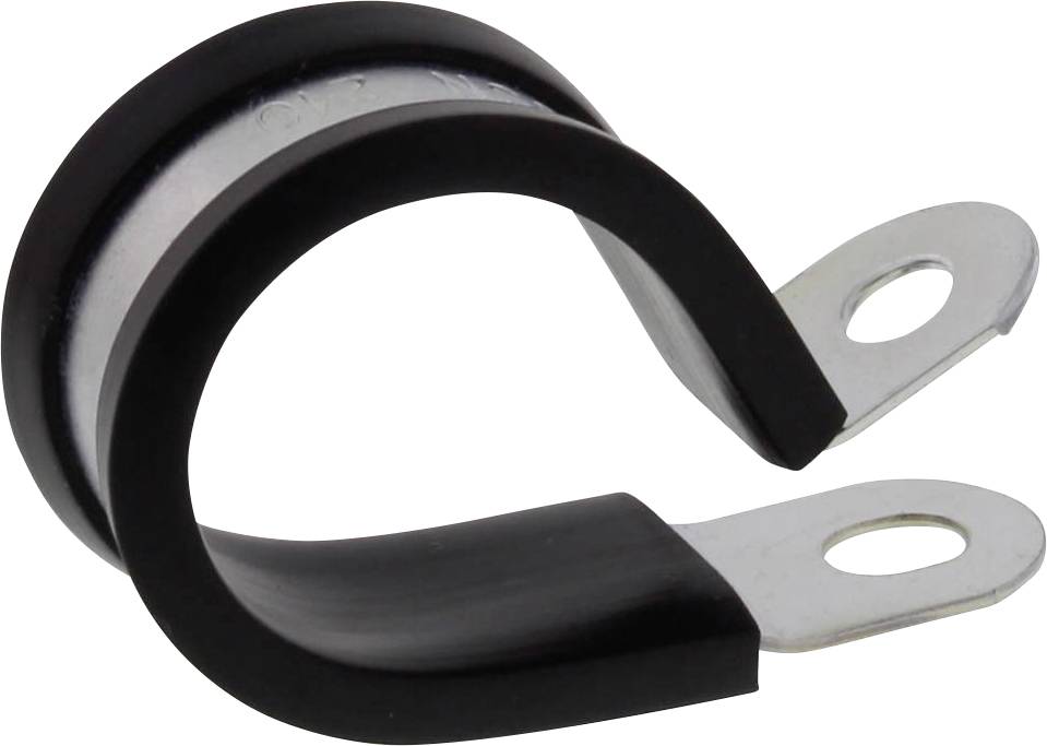 A black cable clip with two mounting holes.