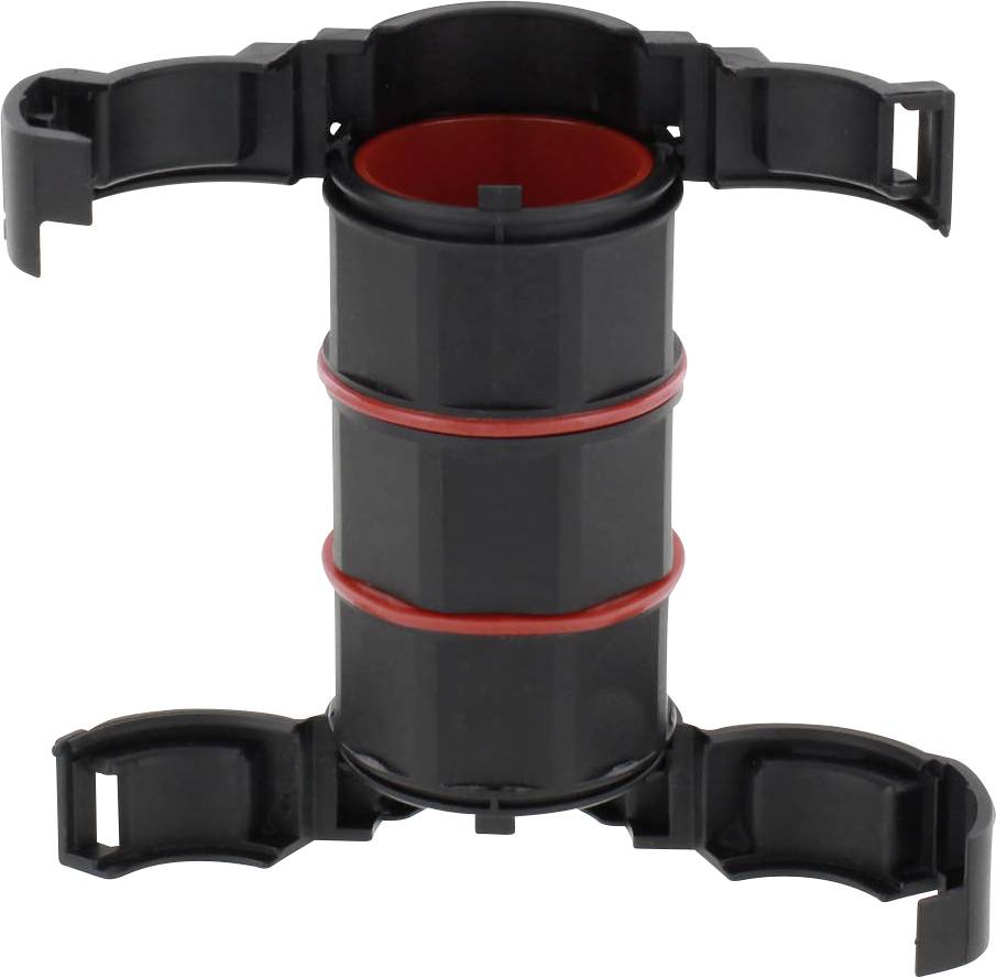 Black plastic mounting bracket with red inner ring, suitable for securing items to pipes or rods.