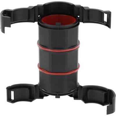 Black plastic mounting bracket with red inner ring, suitable for securing items to pipes or rods.