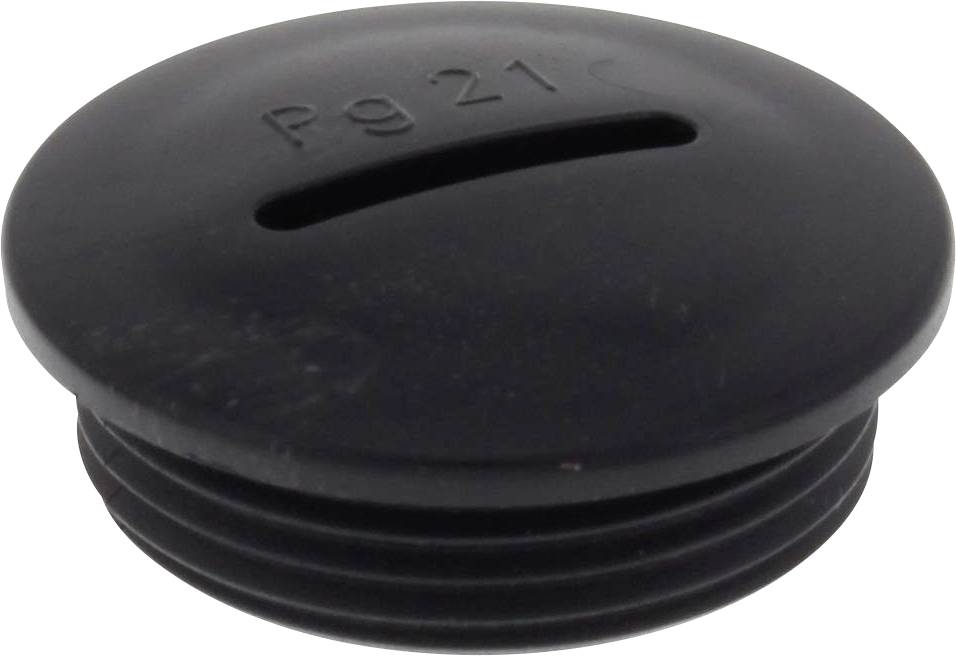 Black plastic blanking plug with 'Pg 21' printed on it and a central slot, used for sealing cable entry points.