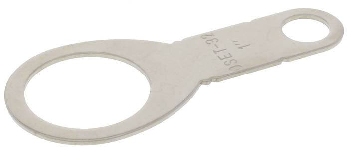 Metal disc with a large and a small hole, possibly a mechanical component or part of a tool.<br><br>(Note: This translation is already very close to British English, with no significant changes required.)