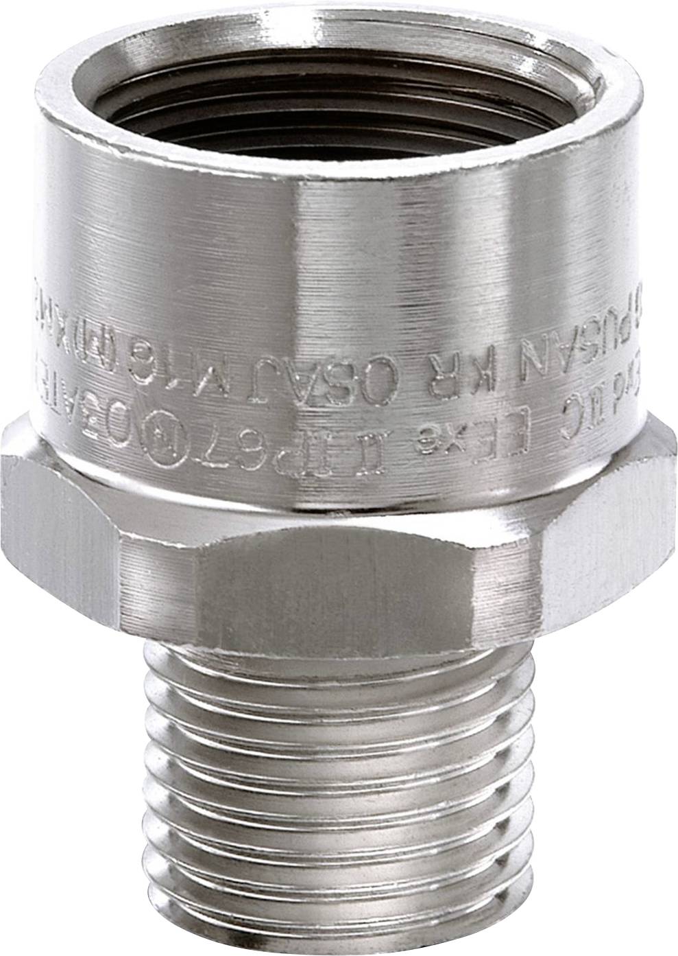 A silver, metallic pipe connector with threading and a hexagonal nut, used for joining two pipes.
